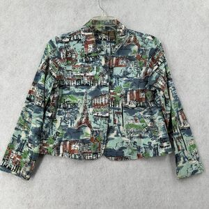 Jane Ashley Jacket Womens PM Blue Green Paris Art Deco Funky Art To Wear Shacket